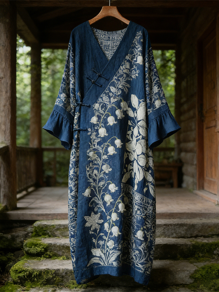 Vintage Japanese Floral Women's V-neck Linen Maxi Dress