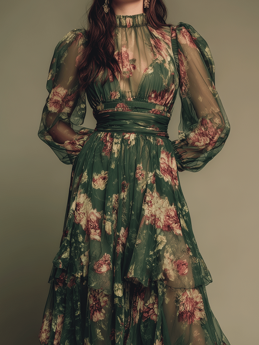 Vintage Floral Tiered Chiffon Maxi Dress
