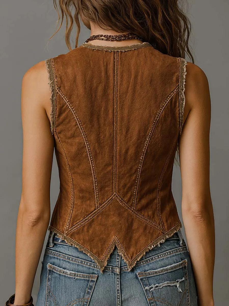 Washed Caramel Denim With Brass Button Stitching Vest