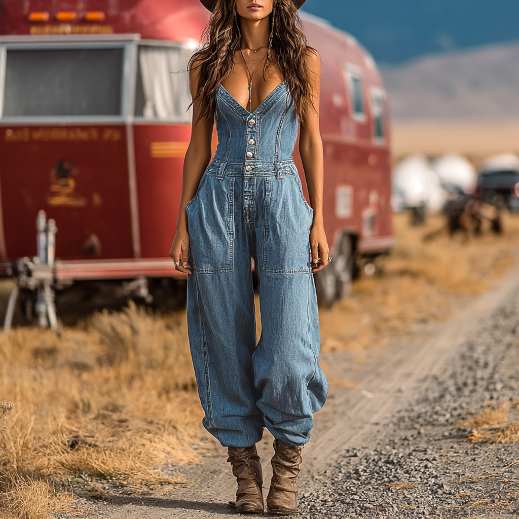 Women's Western Cowboy Style Outdoor Casual Denim Jumpsuit Trousers