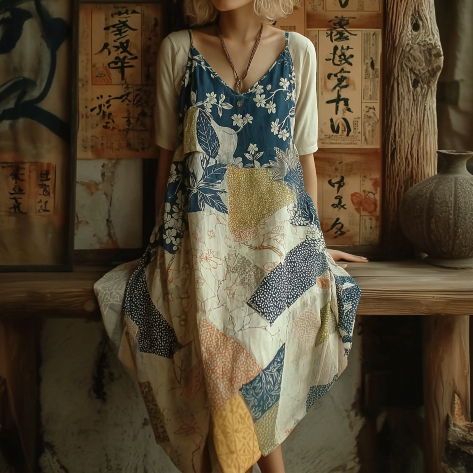 Japanese Art Retro Geometric Patchwork Plant Flower Print Women's Sleeveless Thin Shoulder Strap Dress