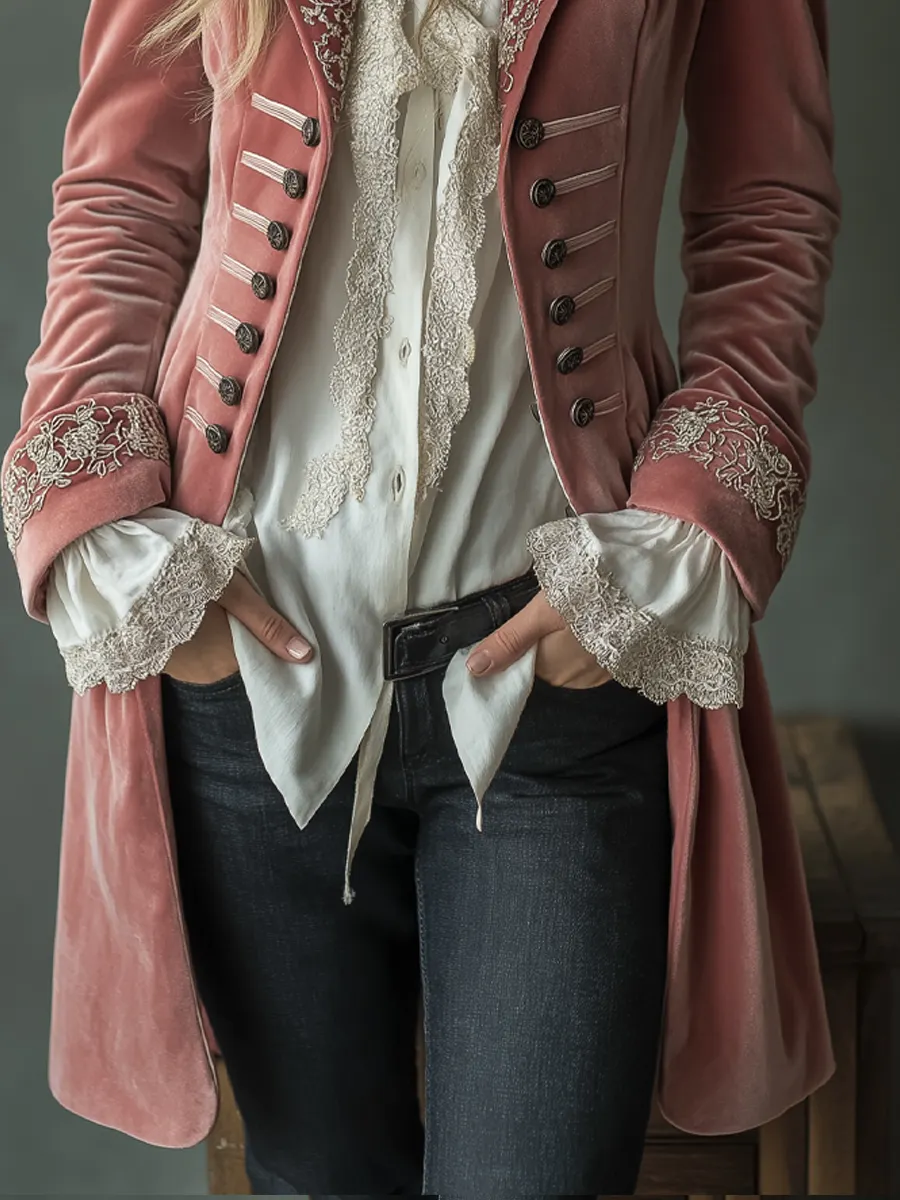 Retro Floral Embroidery Poly Velvet Coat