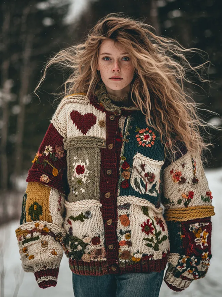 Floral Heart Patchwork Button Warm Cardigan Sweater