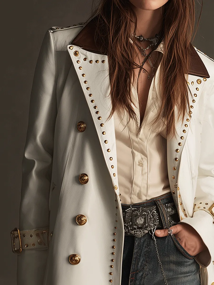 Classic White Studded Double-Breasted Leather Trench Coat