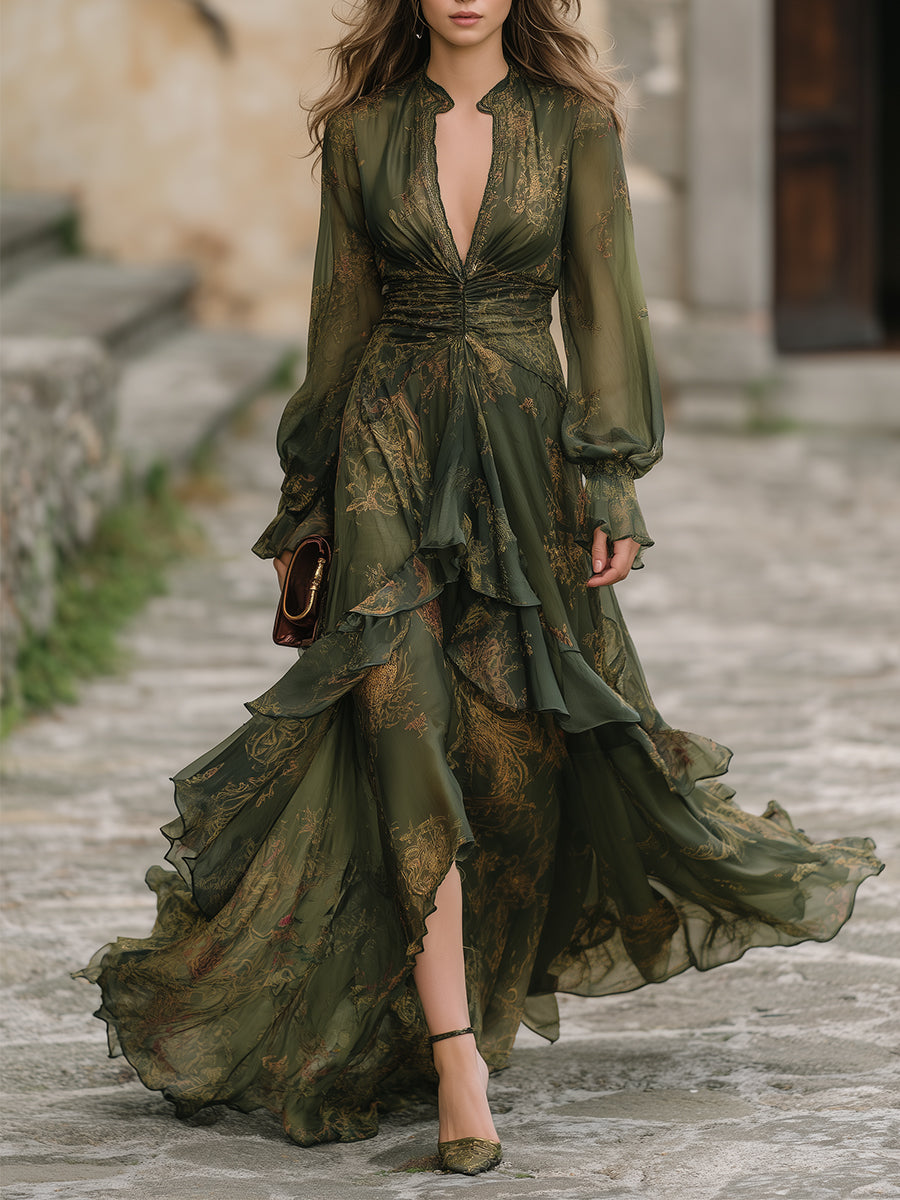 Bohemian Holiday Multi-layered Ruffle Hem Floral Chiffon Maxi Dress