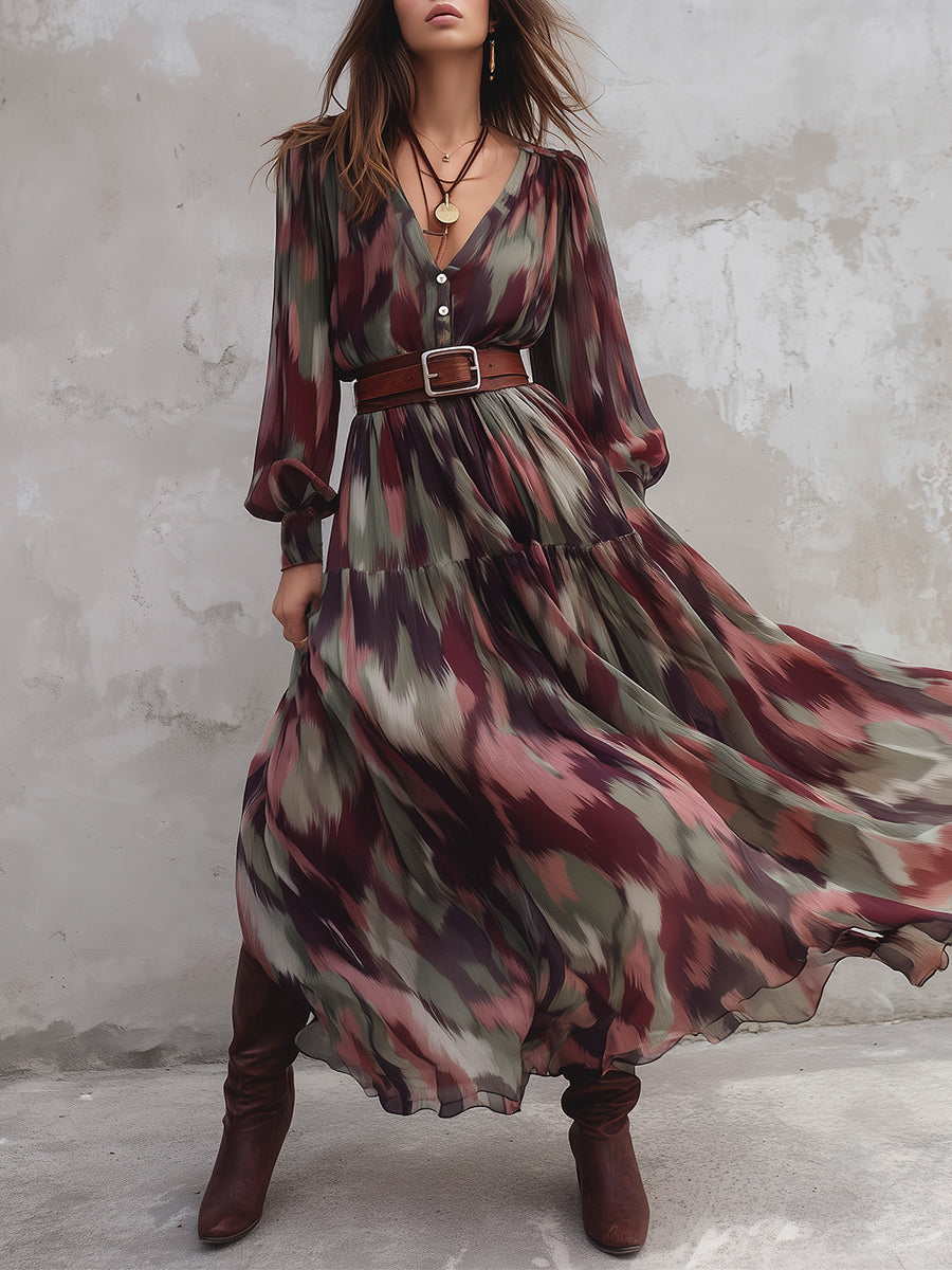 Bohemian Abstract Printed Chiffon Maxi Dress With Belt