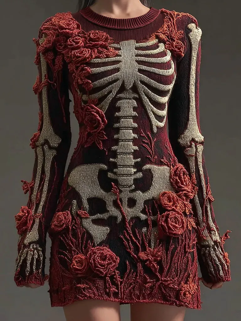 Women's Vintage Skull Rose Comfortable Elegant Sweater Dress