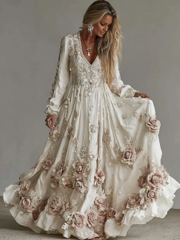 Women's Vintage Roses Art Print V-neck Long Sleeve Maxi Dress