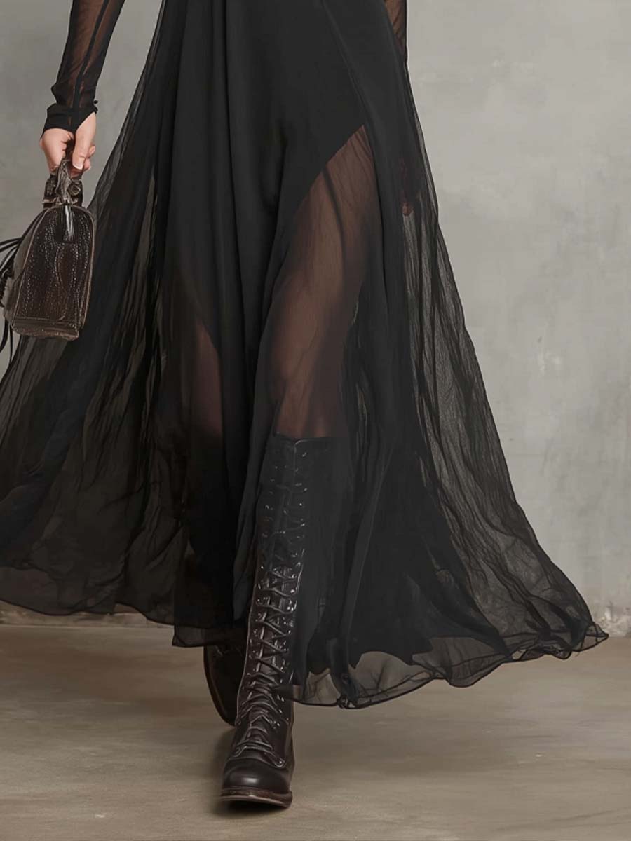 Retro Round Neck Sheer Fabric Maxi Dress