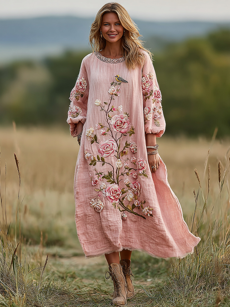 Women's Vintage Boho Roses And Birds Art Casual Dress
