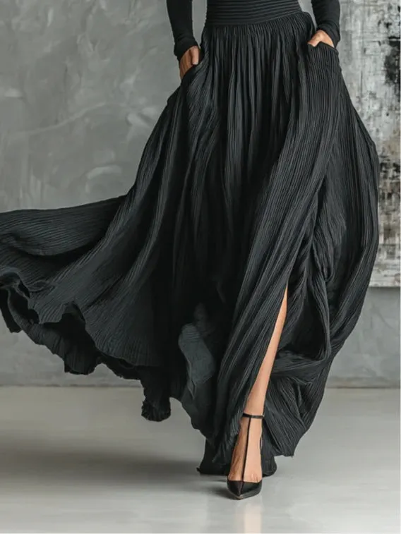 Fashion All Black Skinny Turtleneck T-shirt Pleated Skirt Set