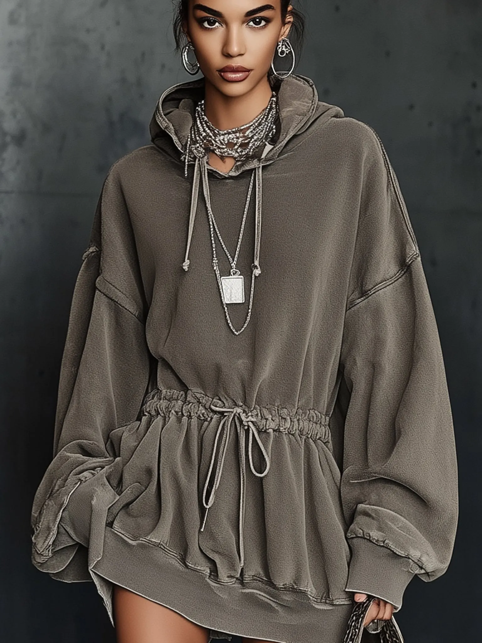 Charcoal Washed Hooded Drawstring Long Sleeve Mini Dress