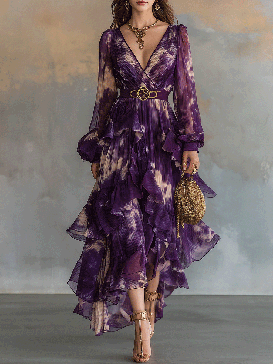Bohemian Purple Ruffle Chiffon Maxi Dress