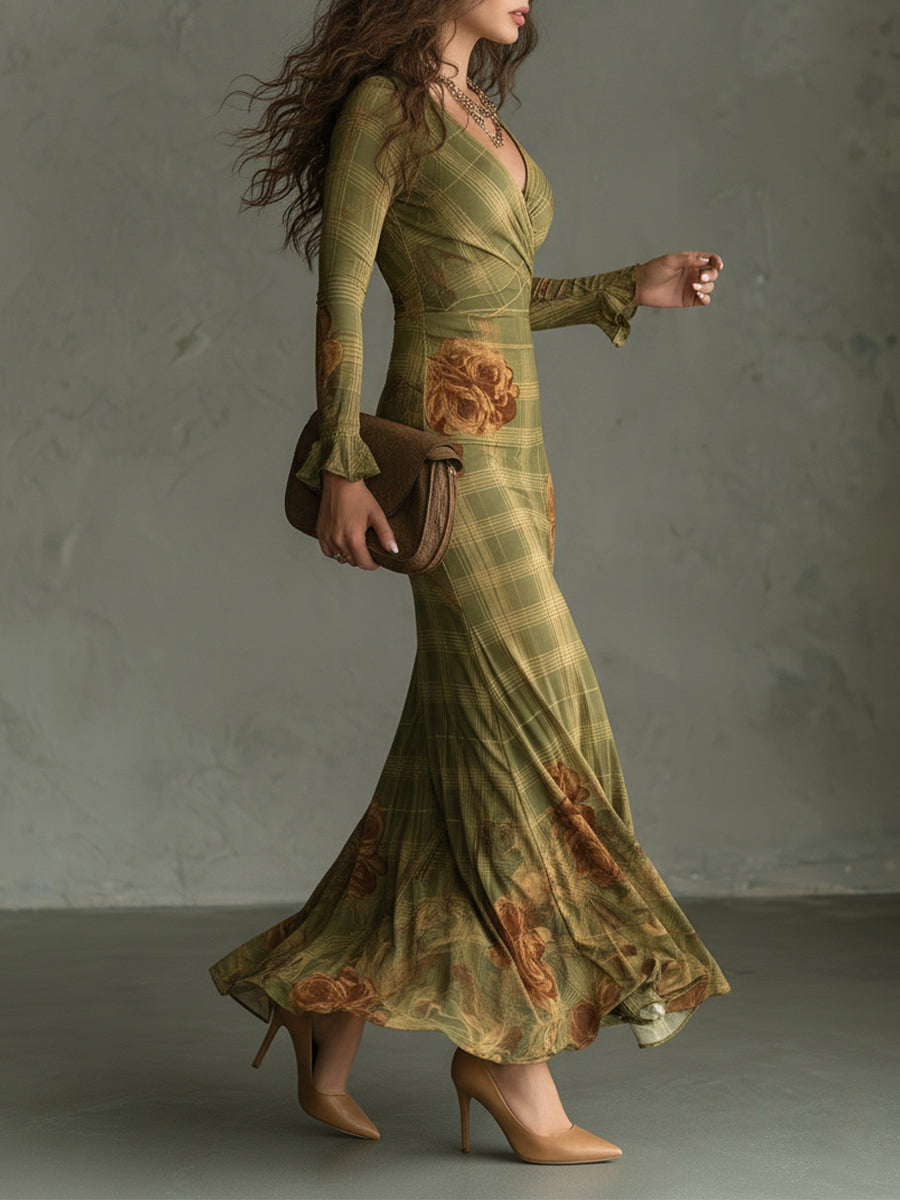 Retro Plaid Rose Print Slim Fit Fishtail Cotton Blend Maxi Dress