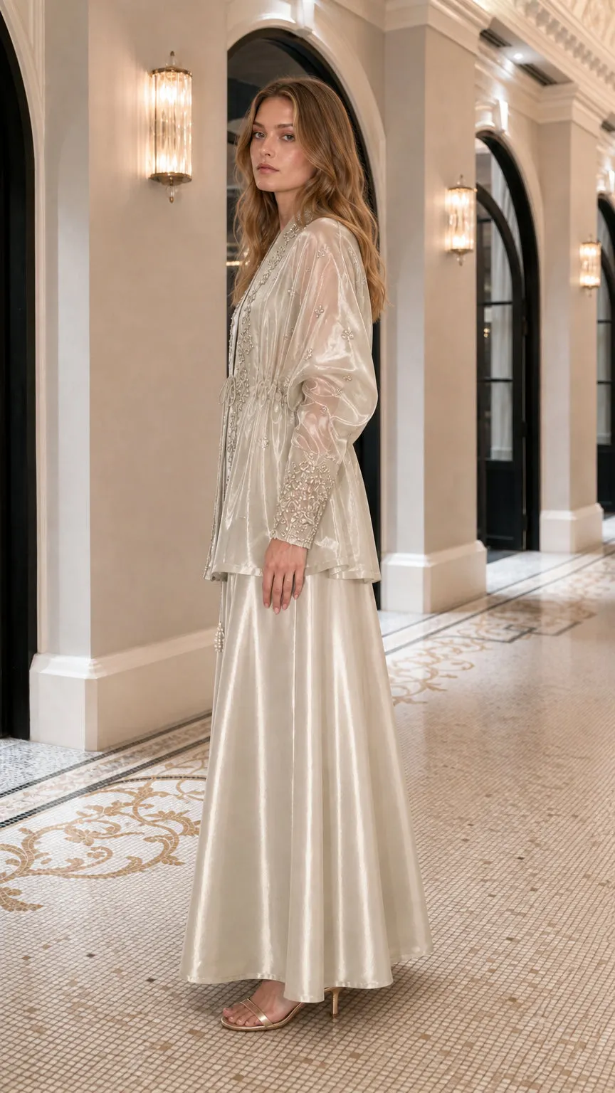 Metallic Overcoat and Wide-Leg Pants Set