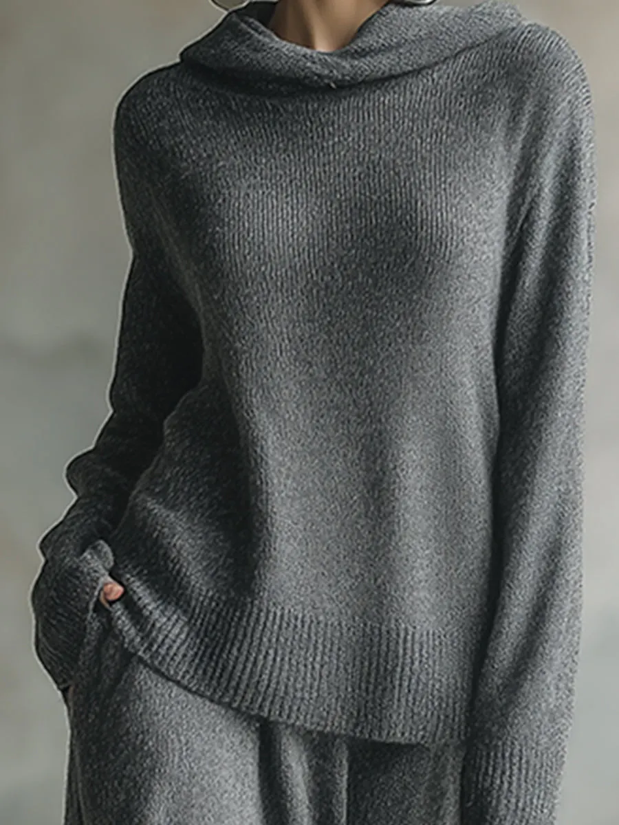Elegant Minimalist Gray Hooded Sweater Skirt Set