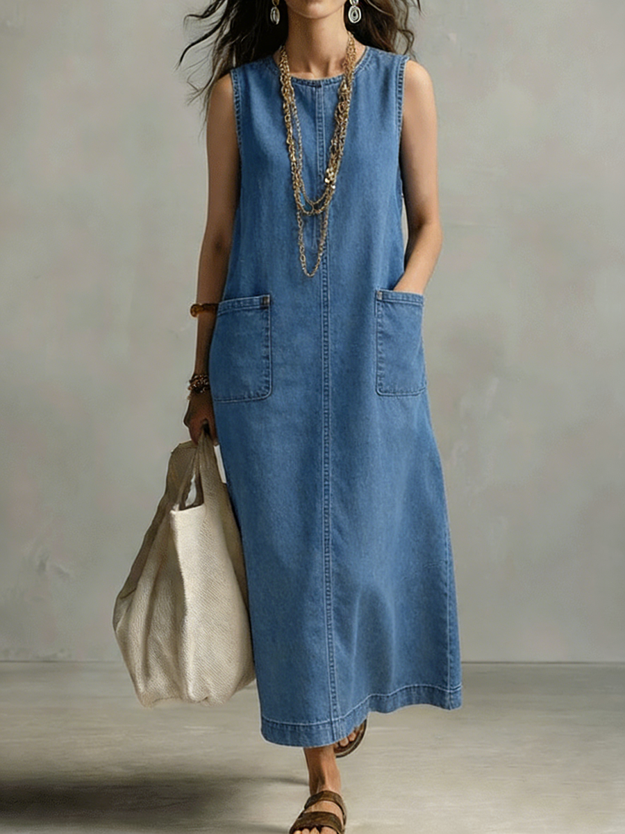 Casual Minimalist Patch Pockets Denim Dress