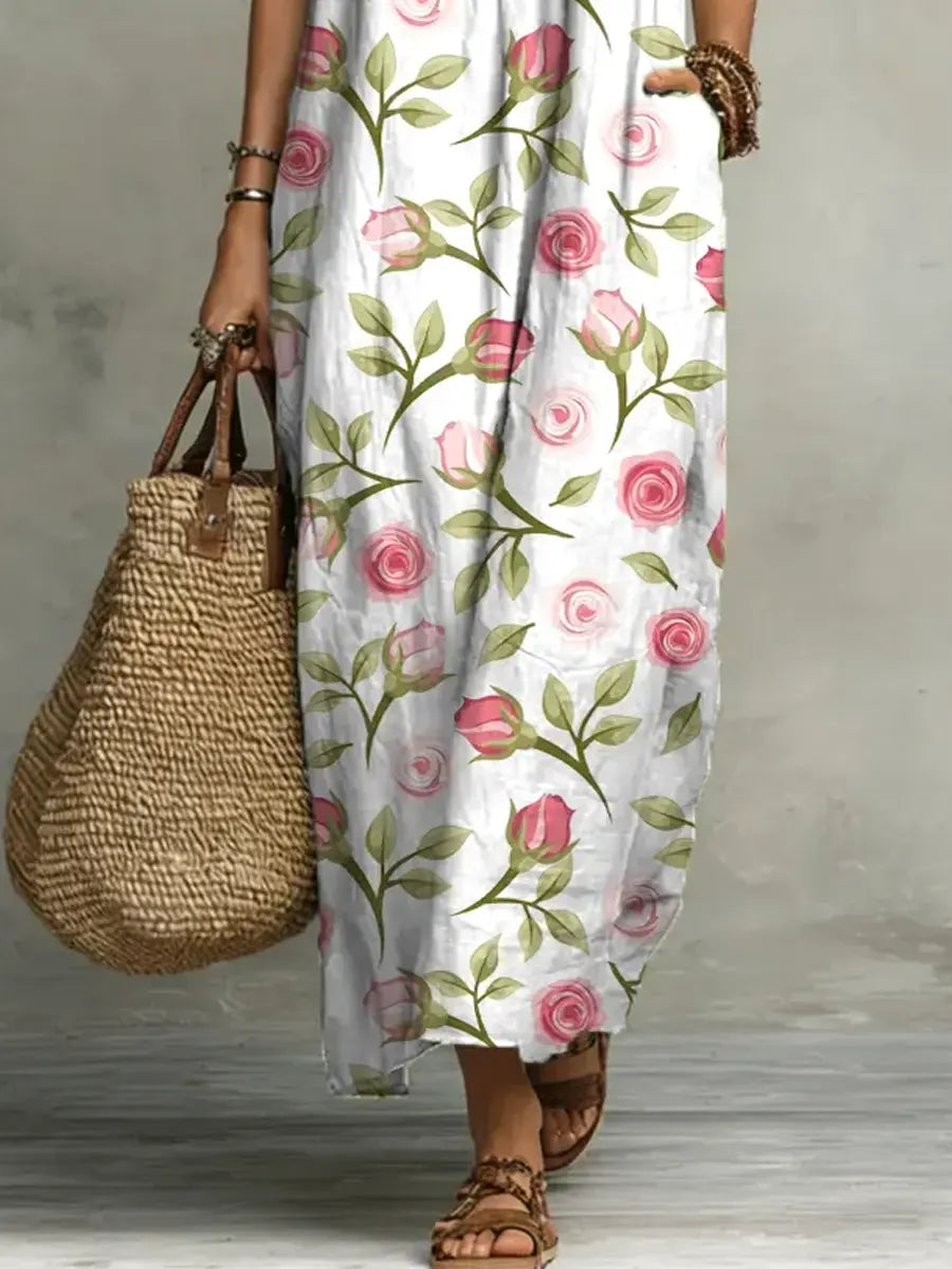 Floral Print V-Neck Ruffle-Trim Maxi Dress