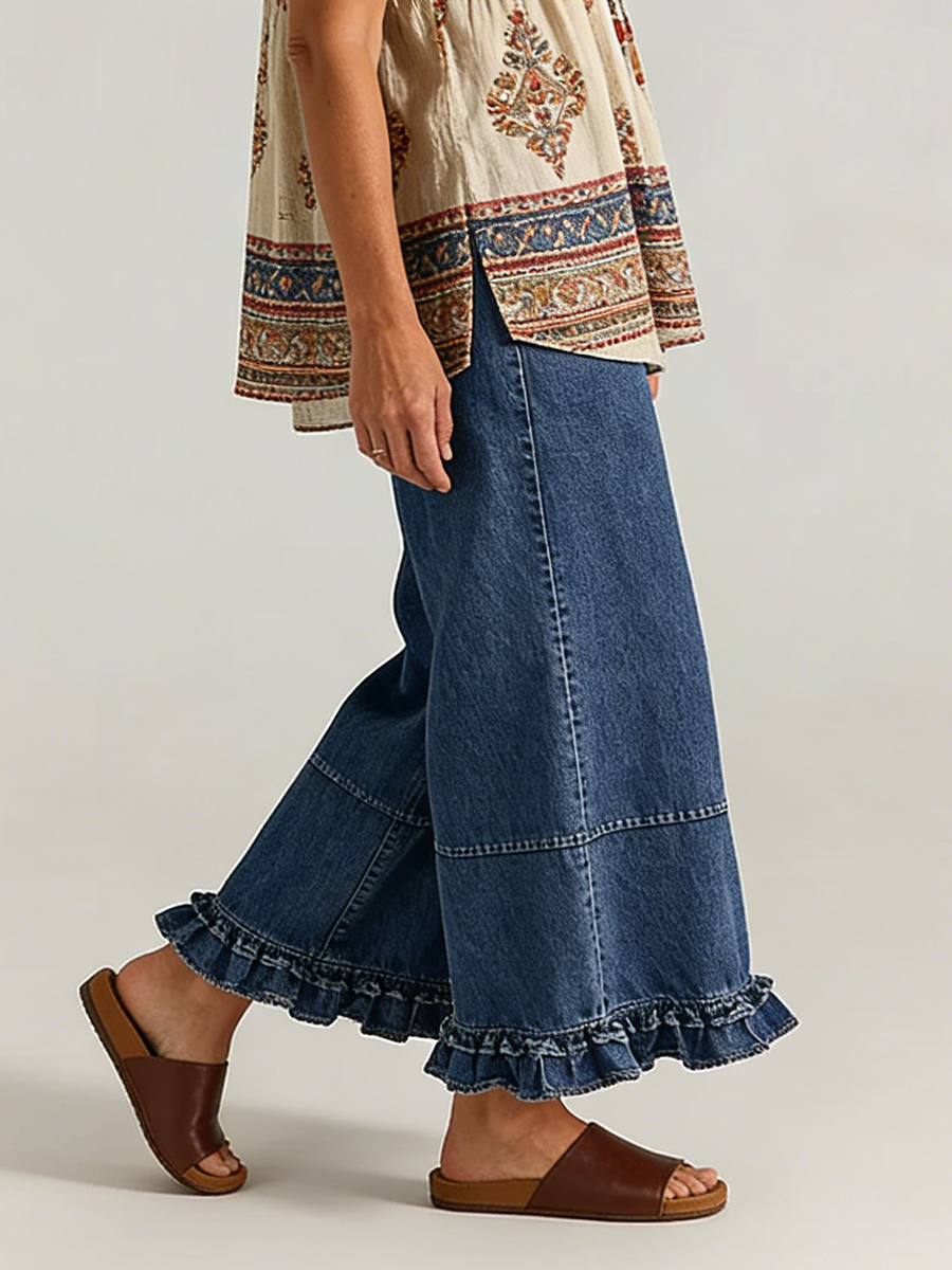 Casual Cozy Ruffled Details Denim Wide-leg Pants