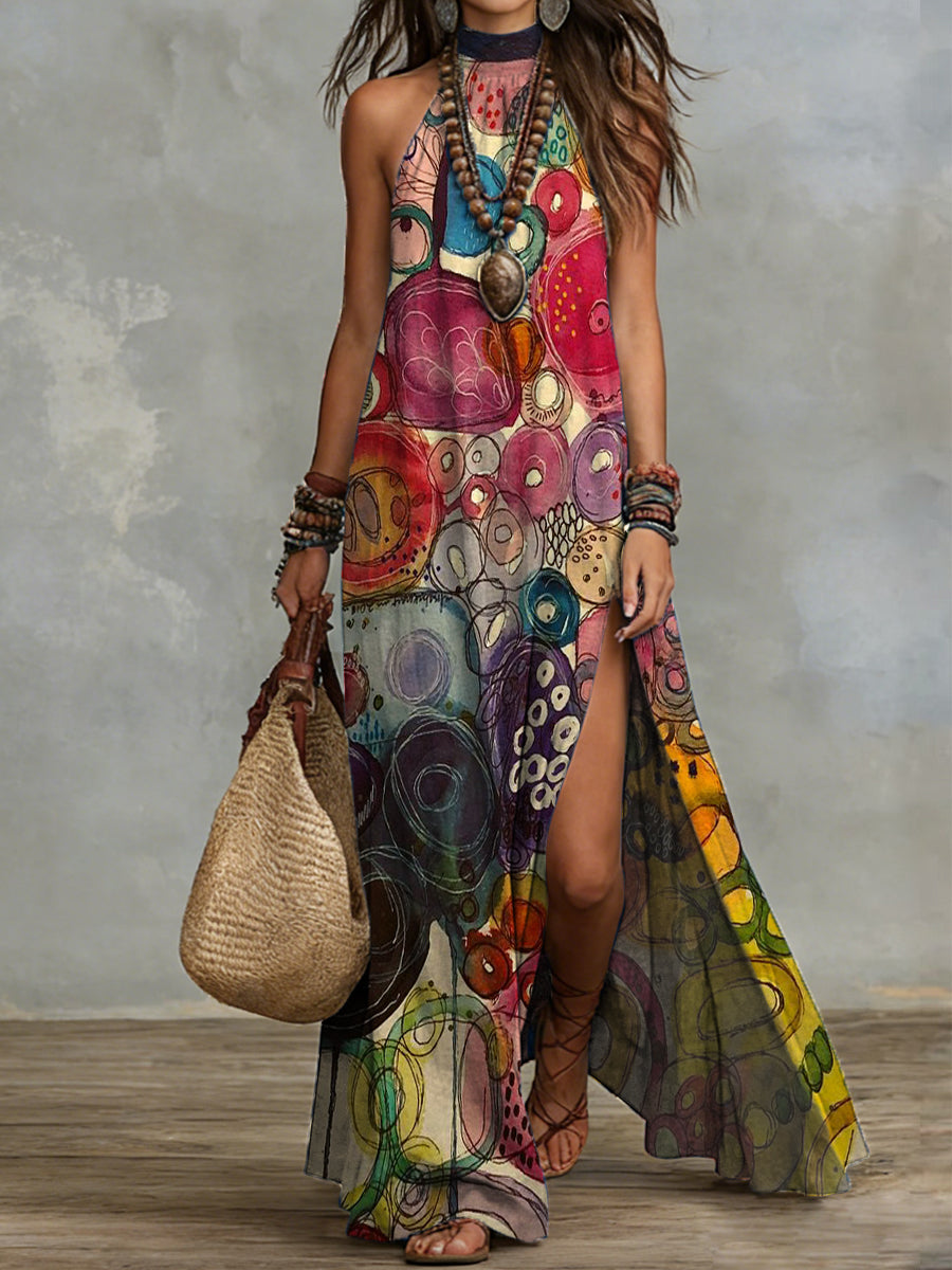 Graffiti Print Halter Side-Slit Maxi Dress