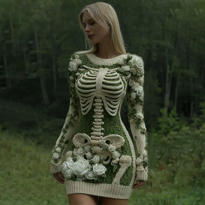 Women's Vintage Skeleton With White Rose Art Cozy Sweater Dress