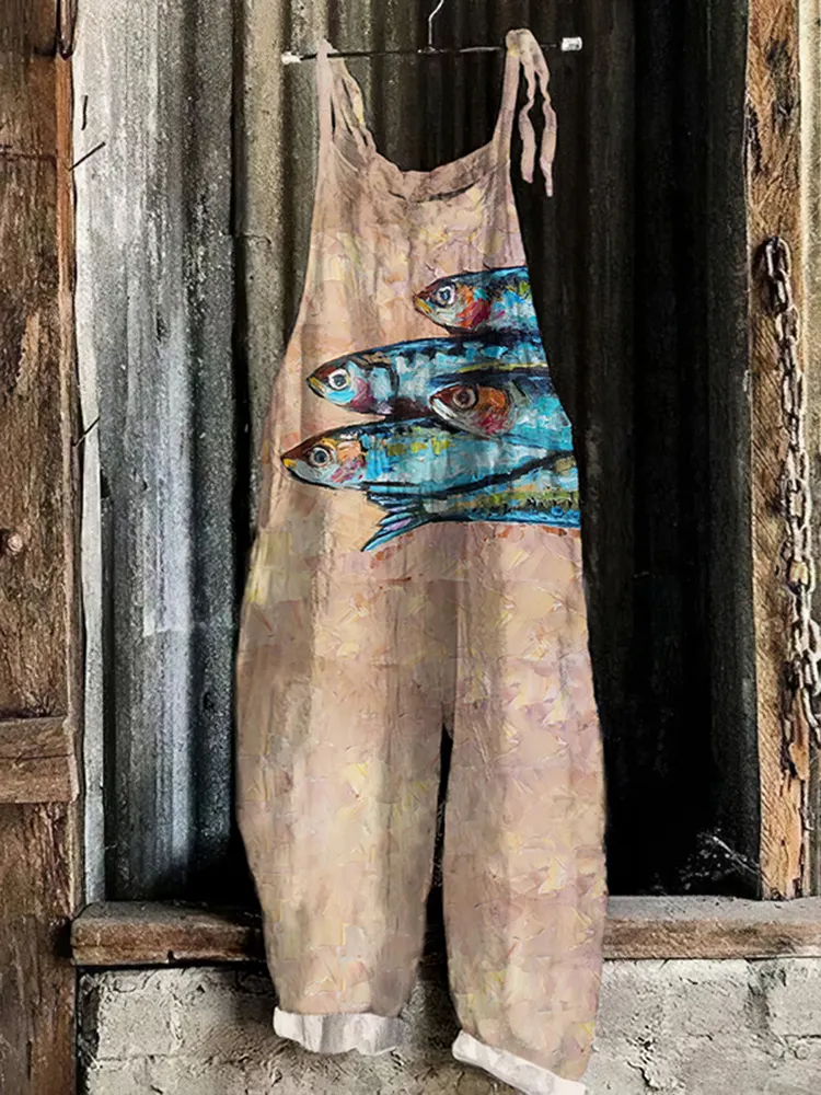 Retro Sardinas Fish Art Print Linen Loose Casual Jumpsuit
