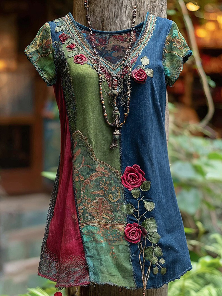 Women's Vintage Rose Floral Print Patchwork Denim T-shirt