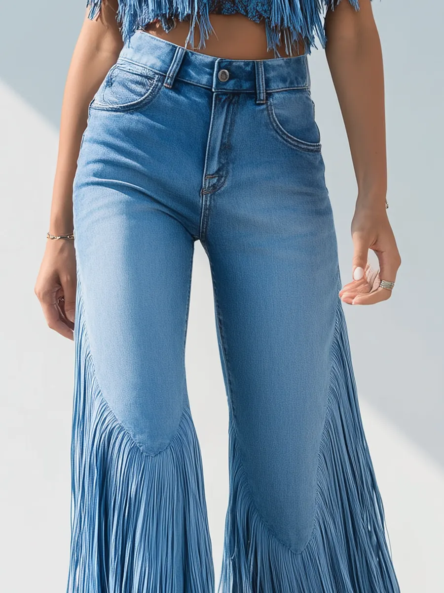 Trendy Retro Tassel Flared Jeans