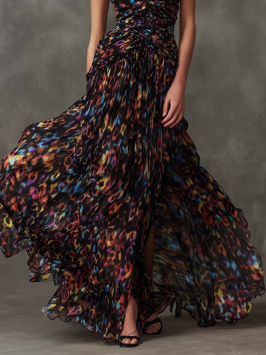 Multicolor Abstract Chiffon Pleated Maxi Dress