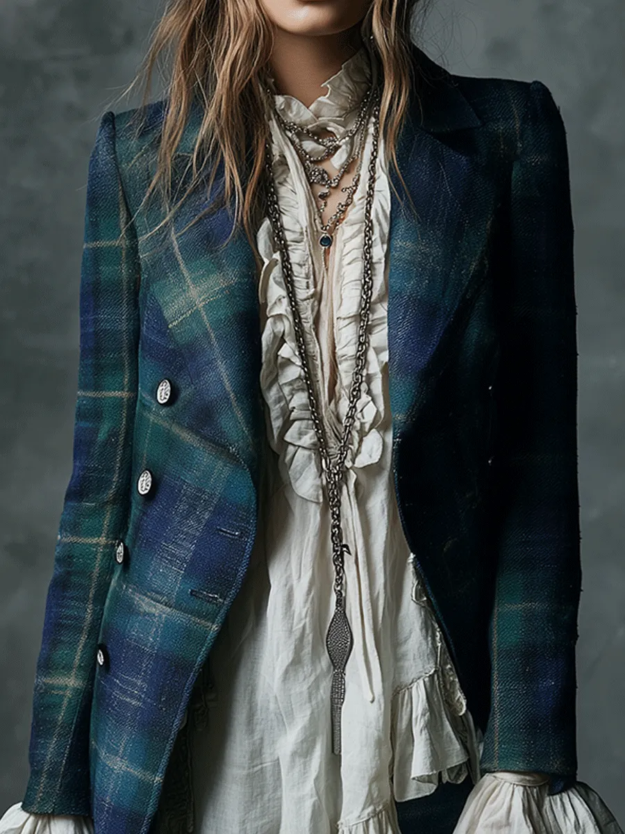 Vintage Tartan Wool-Blend Long Coat