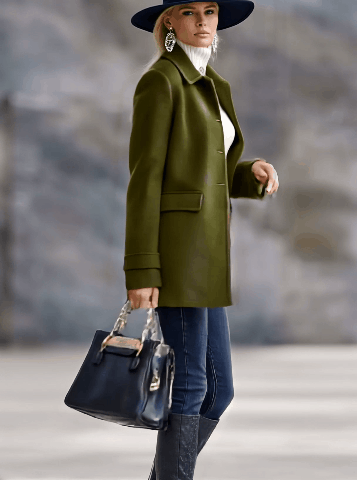 Casual Retro Olive Green Woolen Coat