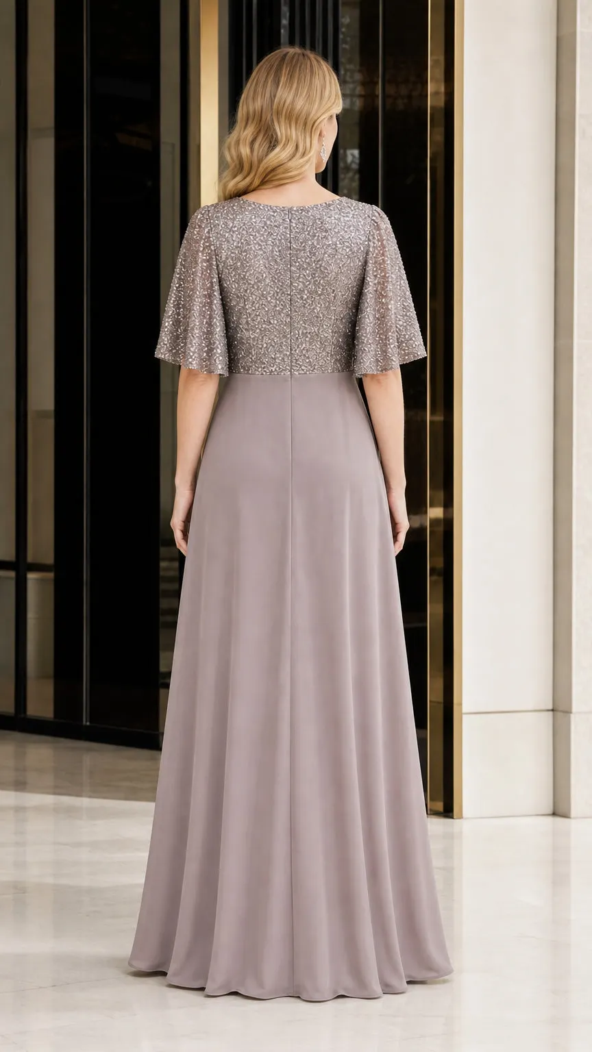 Elegant V-Neck Flare Sleeve Formal Evening Gown