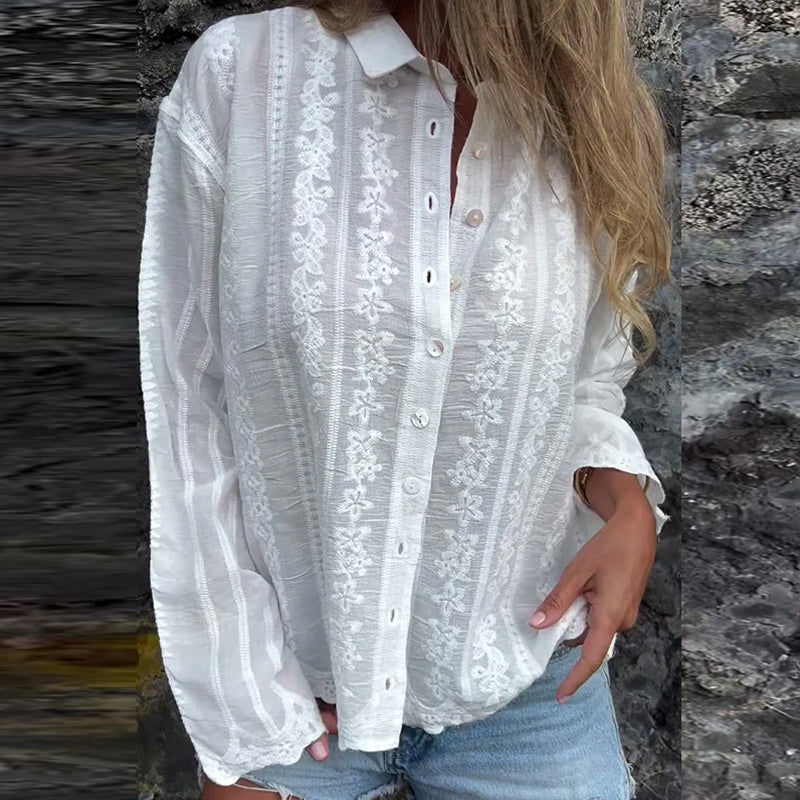 Embroidered Hollow Polo Collar Casual Shirt