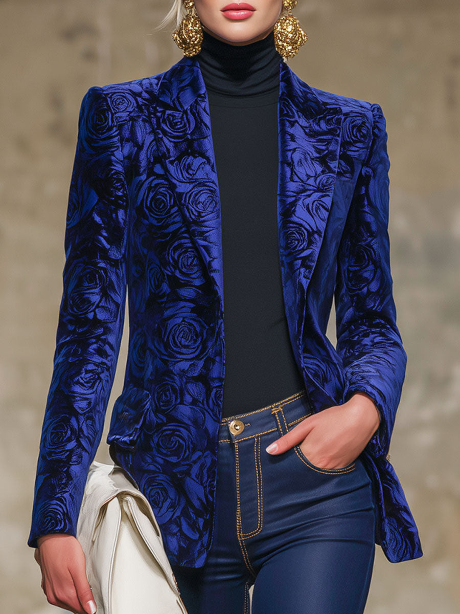 Royal Blue Rose Print Velvet Lapel Blazer