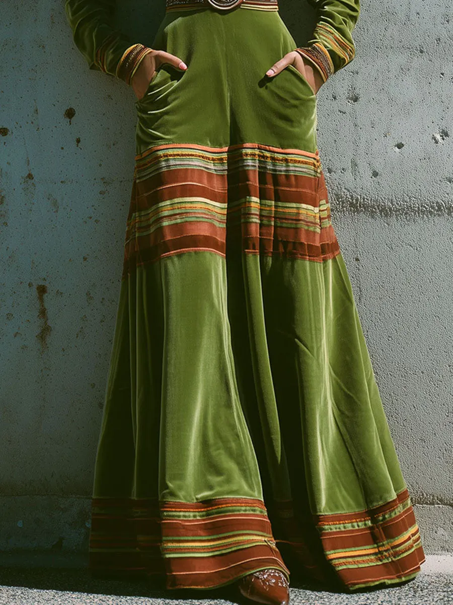 Boho Olive Green Velvet Striped Hem Maxi Dress