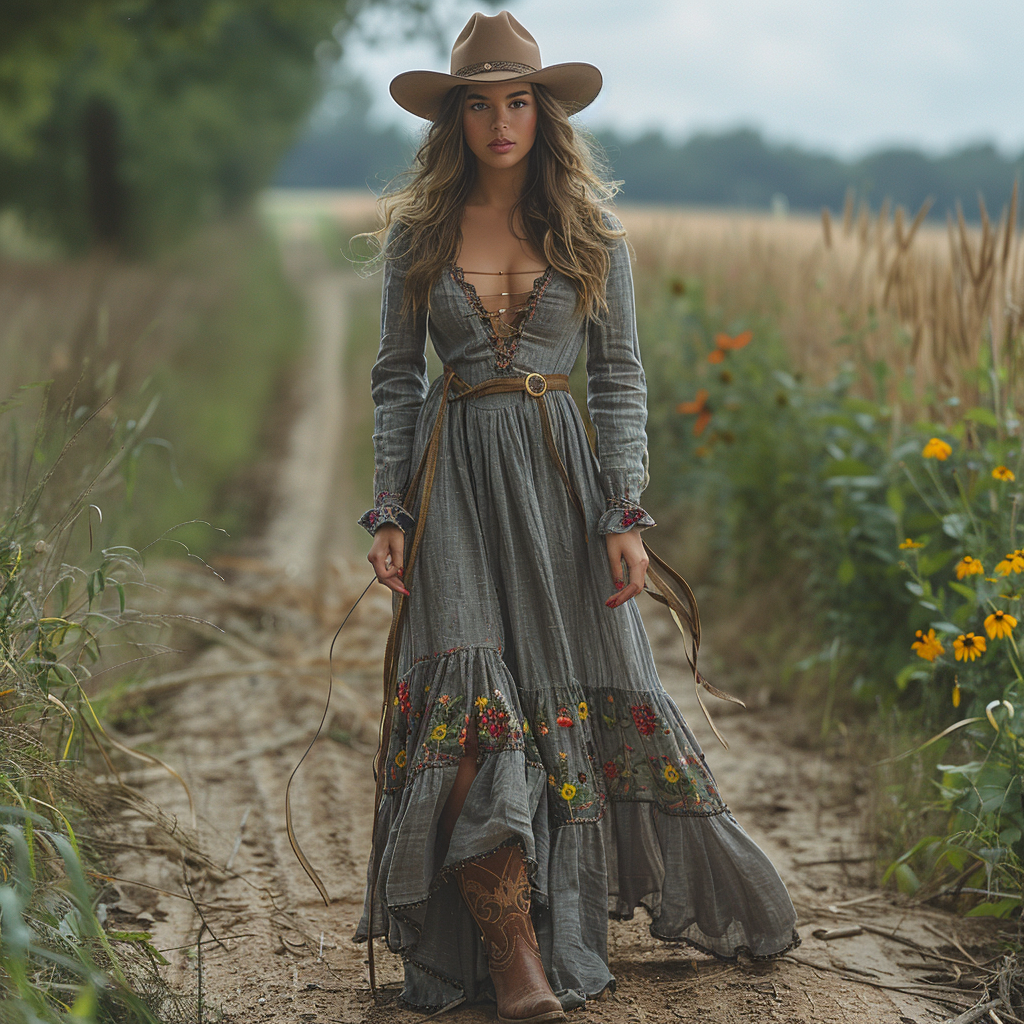 Vintage V-neck Floral Bohemian Pastoral Style Long-Sleeve Maxi Dress