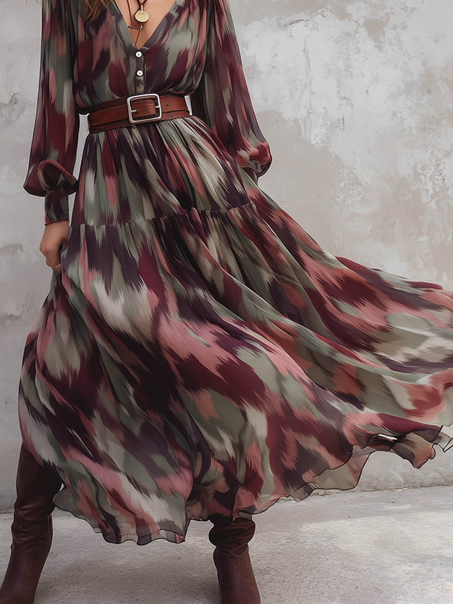 Bohemian Abstract Printed Chiffon Maxi Dress With Belt