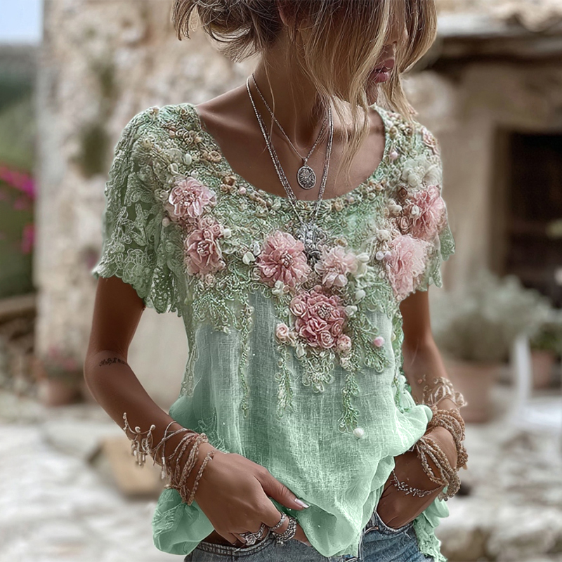 Women's Pink Rose Embroidery Art Round Neck Short Sleeve Linen Blend T-shirt