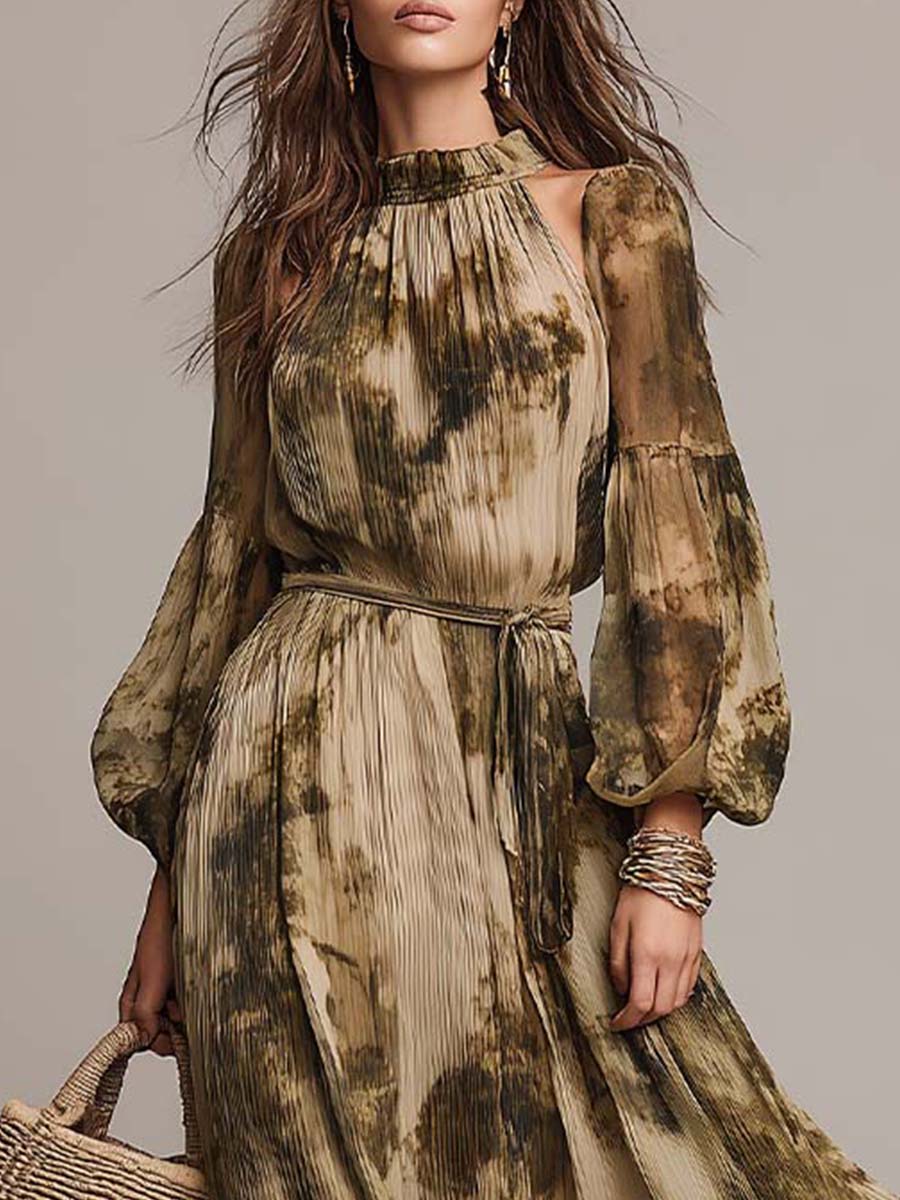 Bohemian-style Printed Pleated Chiffon Maxi Dress With A Tie-waist Belt.