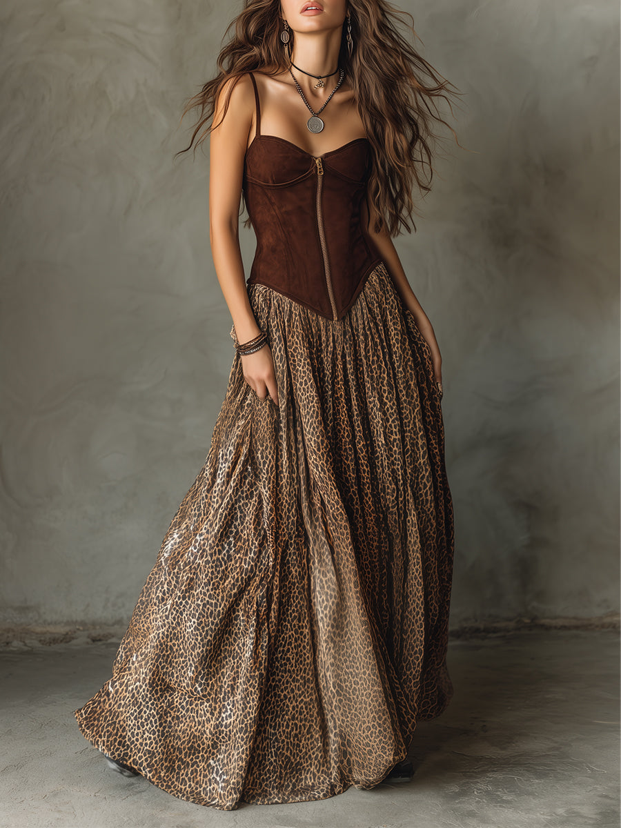 Bohemian Nomadic Leopard Print Eco-friendly Suede Suspender Maxi Dress