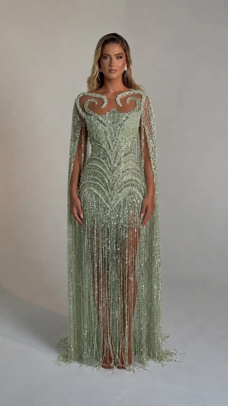 Luminous Fringe Cape Evening Gown