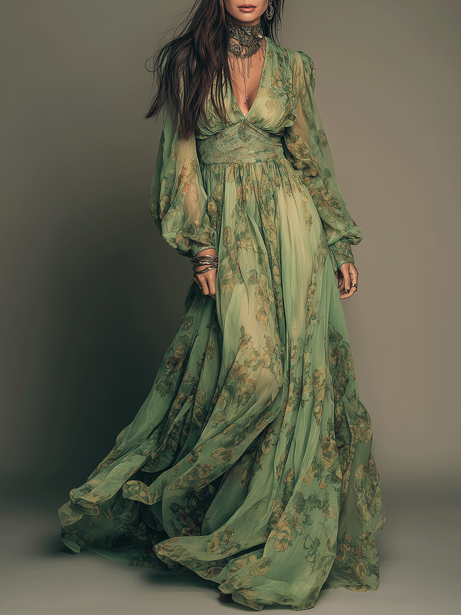 Vintage Green Bohemian Floral Ruffle Maxi Dress