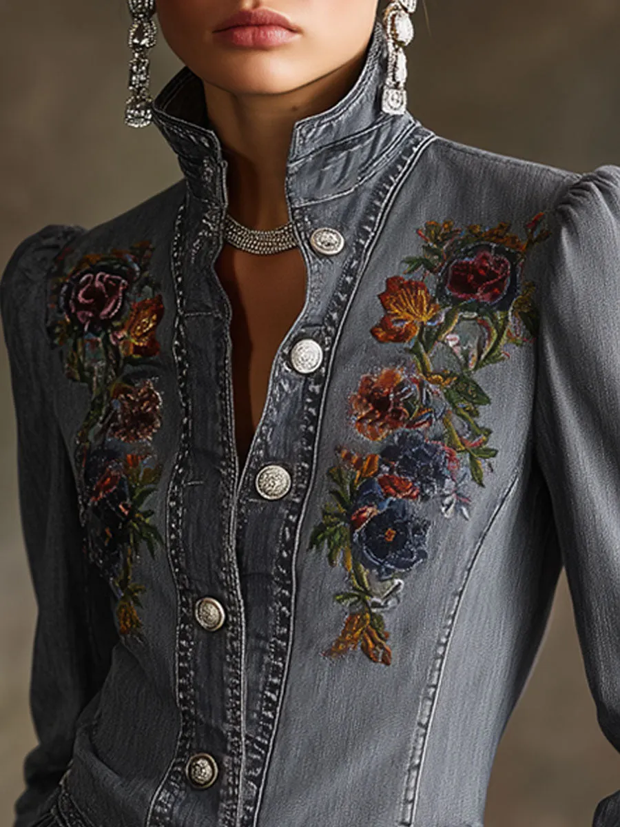 Casual Retro Floral Embroidered Ruffled Gray-blue Denim Jacket