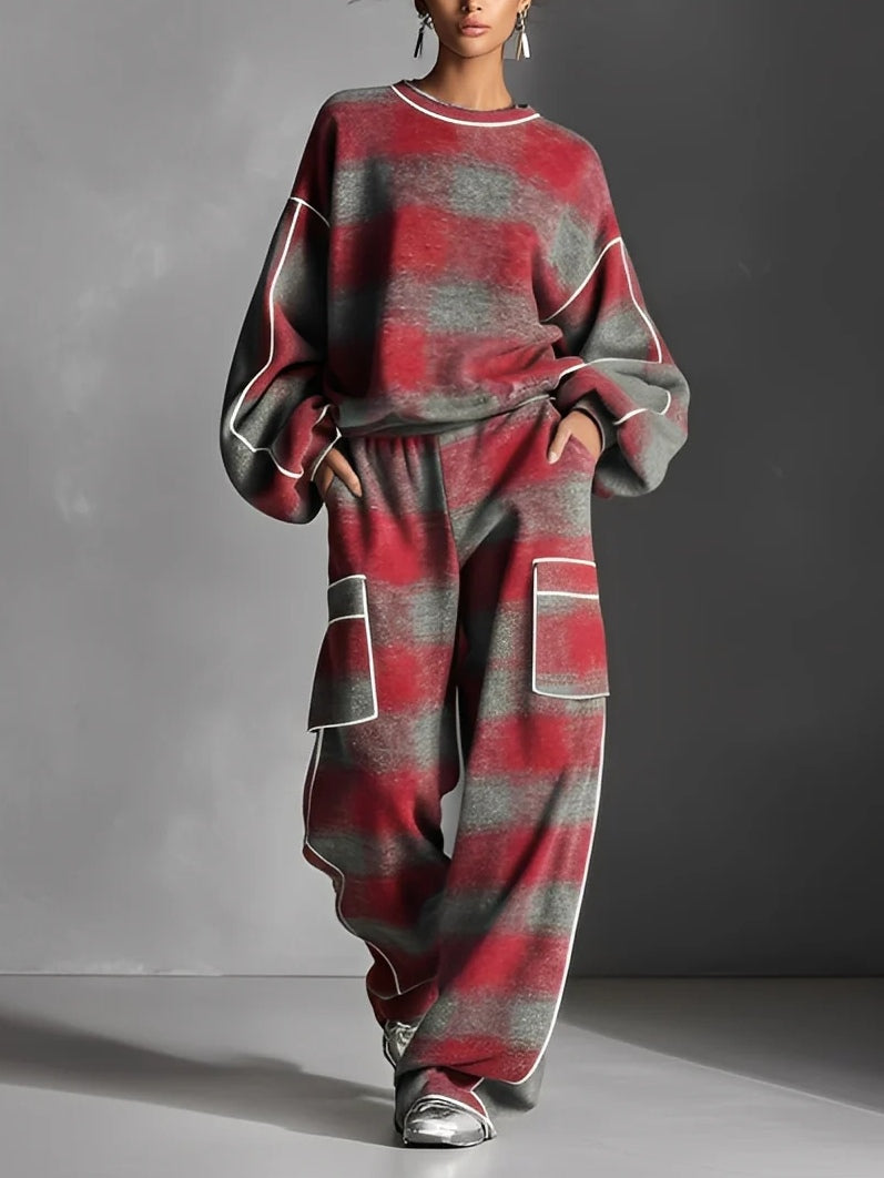 Red and Gray Plaid Color-blocked Sweatshirt and Casual Pants Two-piece set