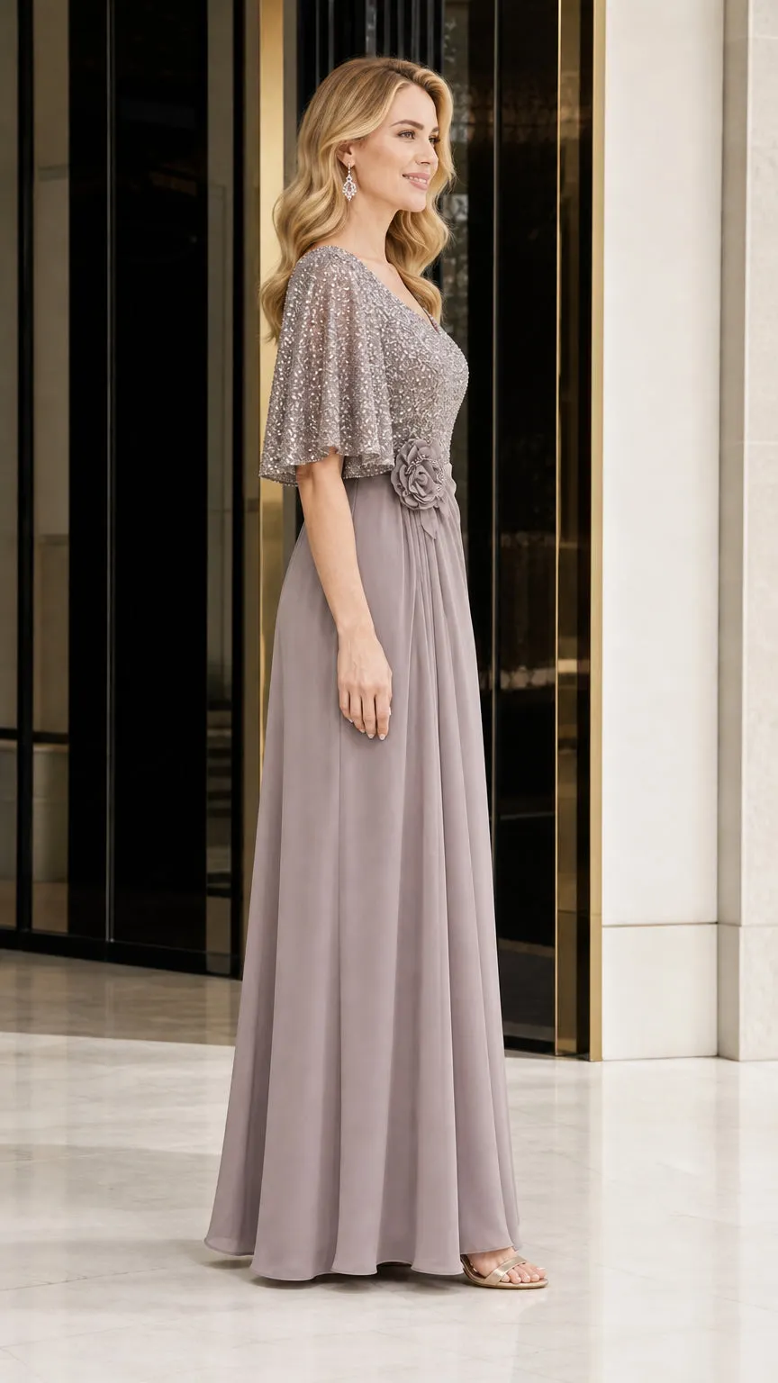 Elegant V-Neck Flare Sleeve Formal Evening Gown