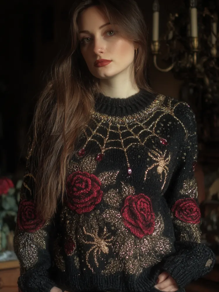 Halloween Antique Spider And Red Rose Vintage Round Neck Sweater