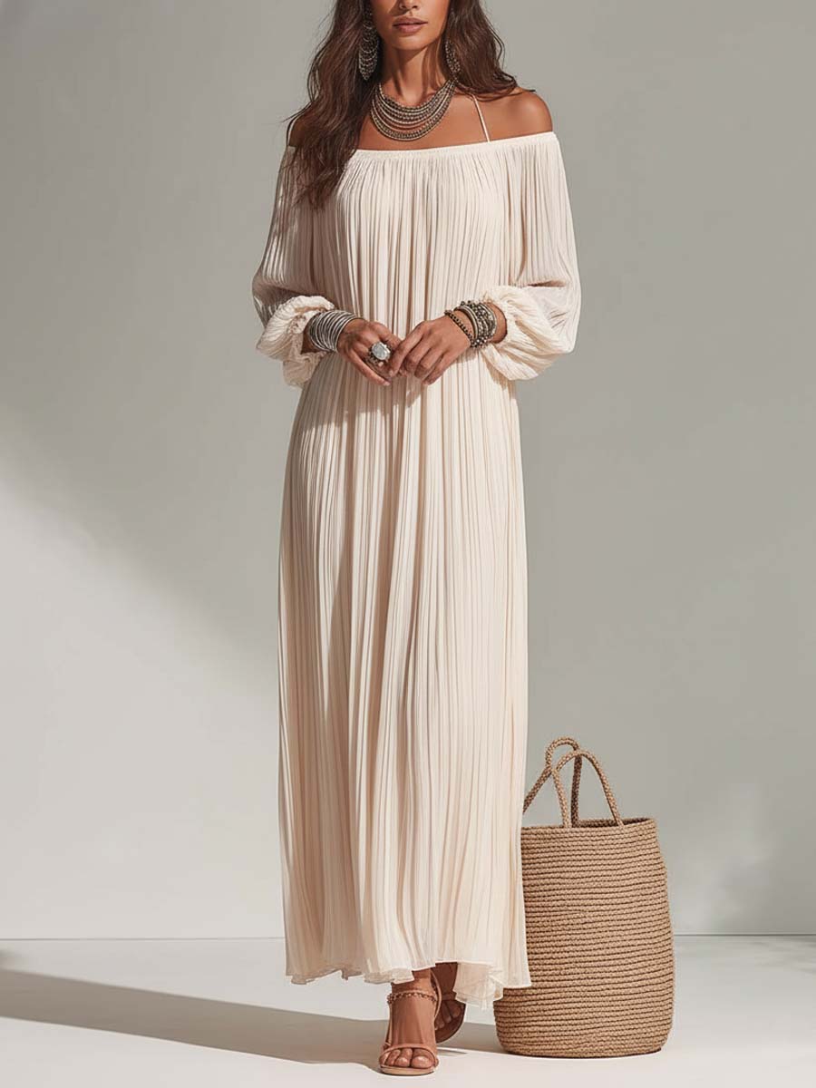 Bohemian Resort Pleated Ivory Off-Shoulder Maxi Dress