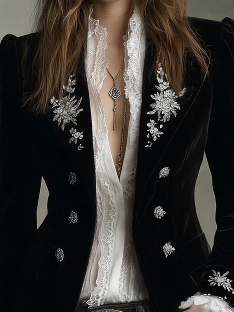 Vintage Embroidered Puff Sleeves Velvet Lapels Blzaer