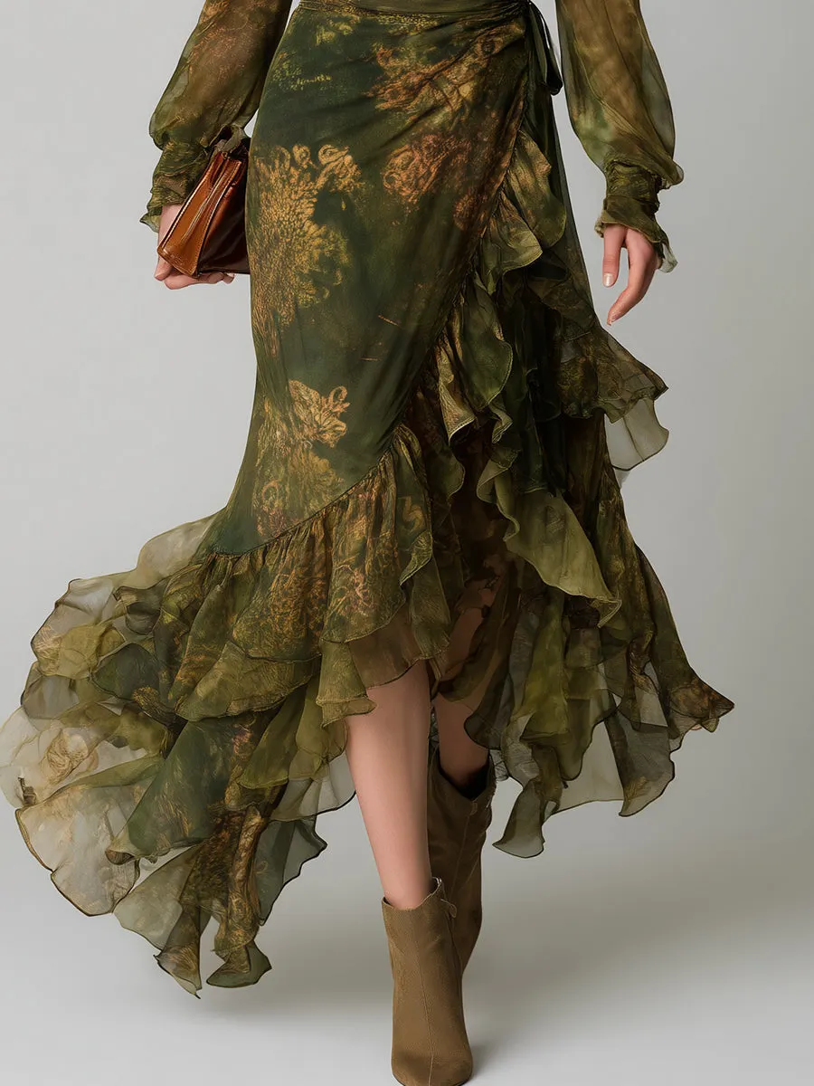 Bohemian Holiday Print Irregular Ruffled Hem Chiffon Maxi Dress