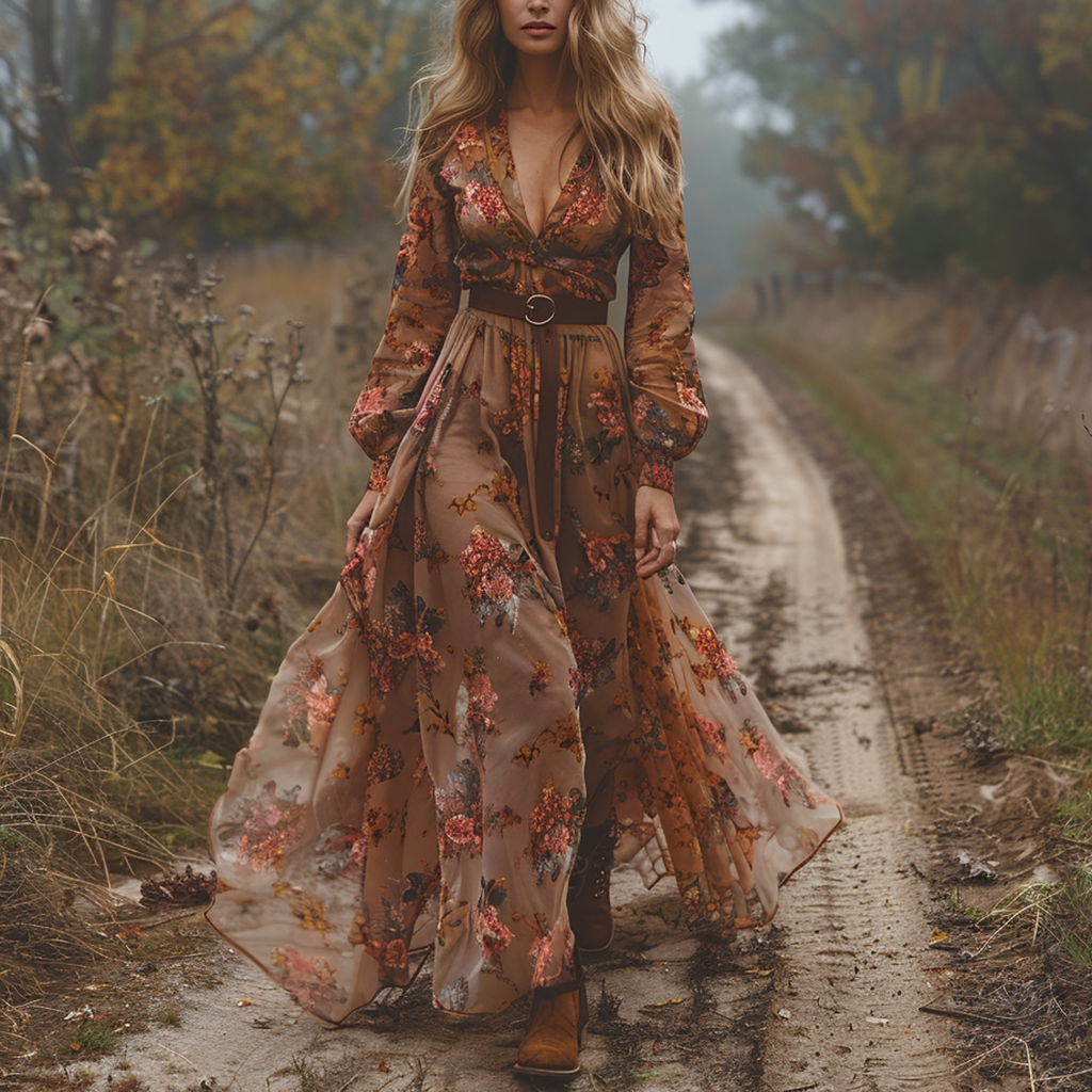 Vintage Country Pastoral Linen Style Long-sleeve Maxi Dress
